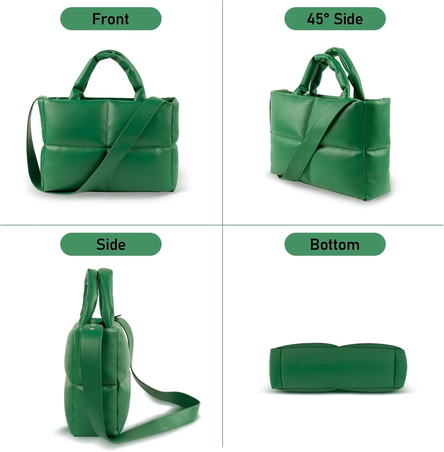 Puffer Tote Bag, Quilted Crossbody Bag with Zip, Top-Handle Shoulder Bags with Removable Strap, PU Leather Handbags for Women