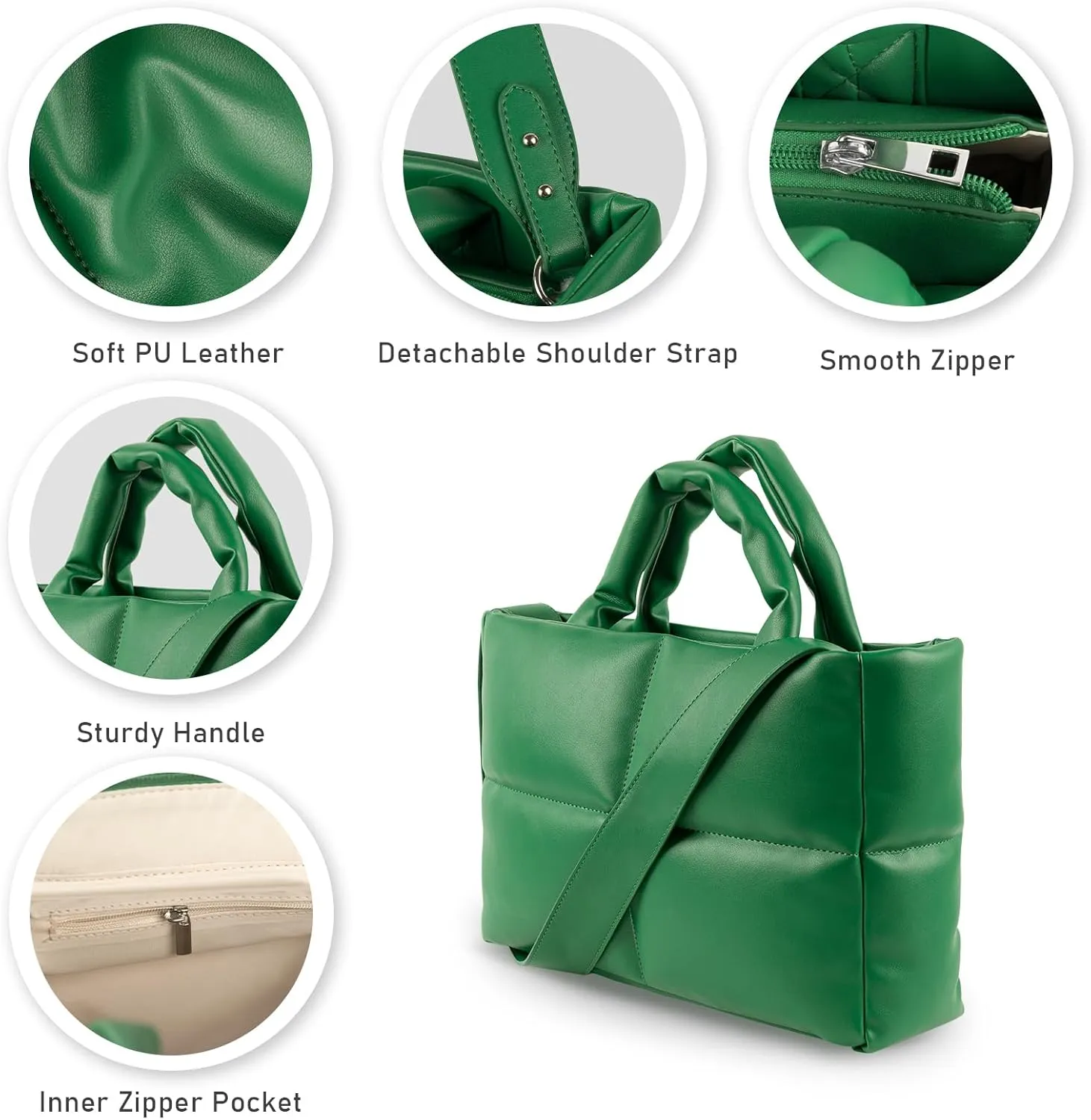 Puffer Tote Bag, Quilted Crossbody Bag with Zip, Top-Handle Shoulder Bags with Removable Strap, PU Leather Handbags for Women