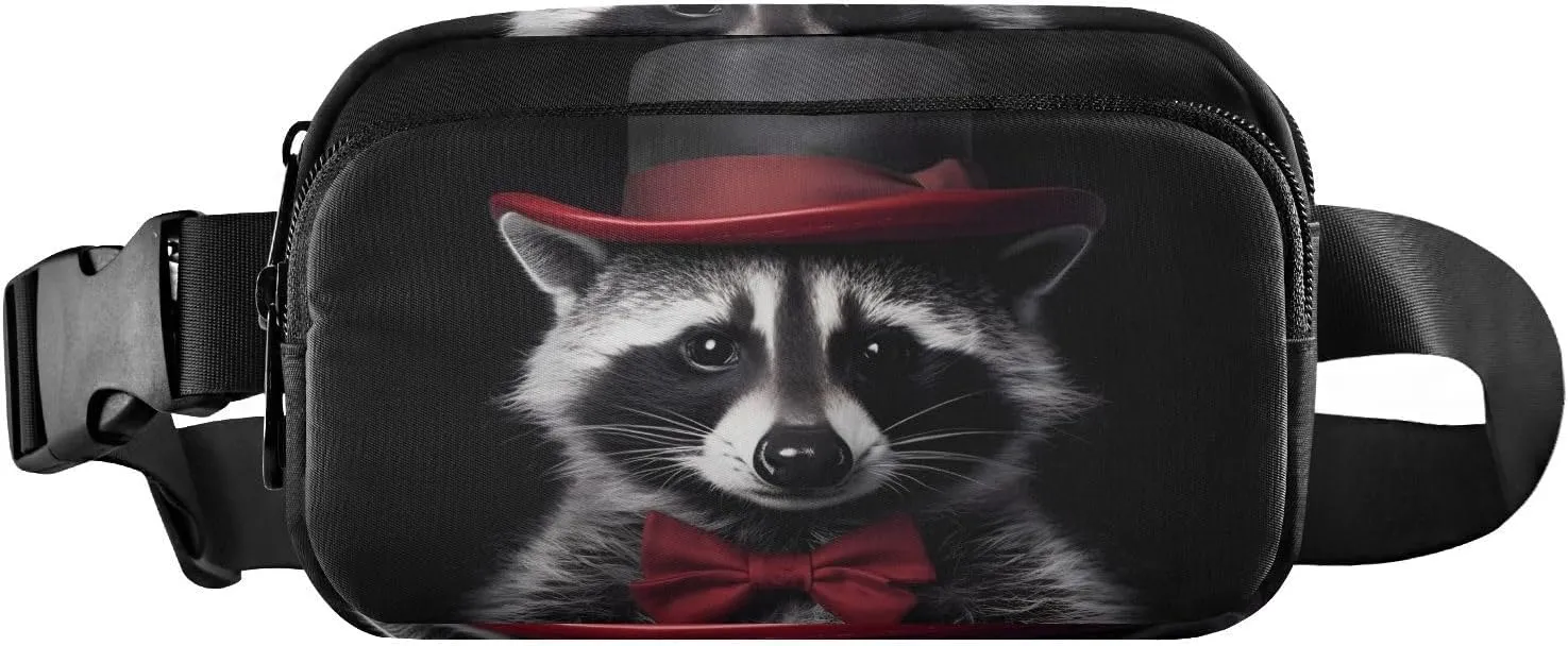 Raccoon Black Red Hat Fanny Pack Hip Bag Belt Bag for Women Man Fashion Waist Pack Water-repellent Crossbody Bag for Halloween Costumes Running Hiking Jogging Travel Sport
