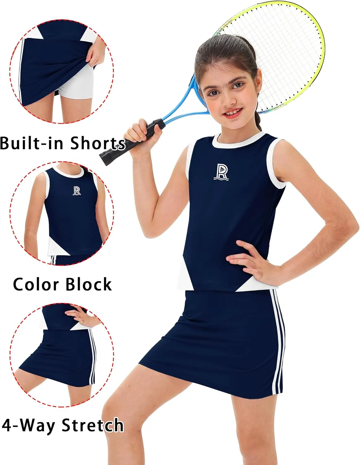 Remimi Girls Tennis Outfits Golf Tank Top and Skirt with Shorts 4-12 Years