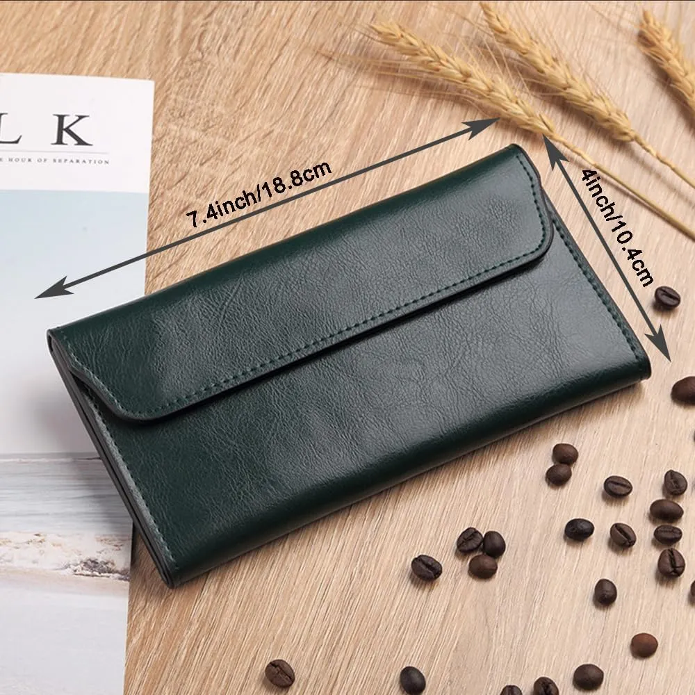 Retro Leather Envelope Women's Phone Card Holder Wallet, Thin Large Capacity Multifunctiona Leather Wallet, Clutch Wallet for Mother's Day Thanksgiving Fashion Gift (Dark Green)