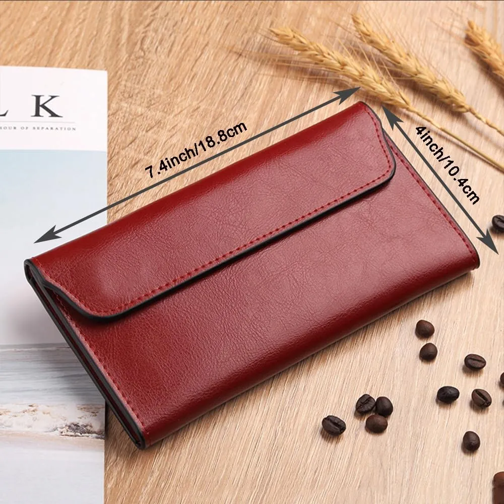 Retro Leather Envelope Women's Phone Card Holder Wallet, Thin Large Capacity Multifunctiona Leather Wallet, Clutch Wallet for Mother's Day Thanksgiving Fashion Gift (Wine Red)