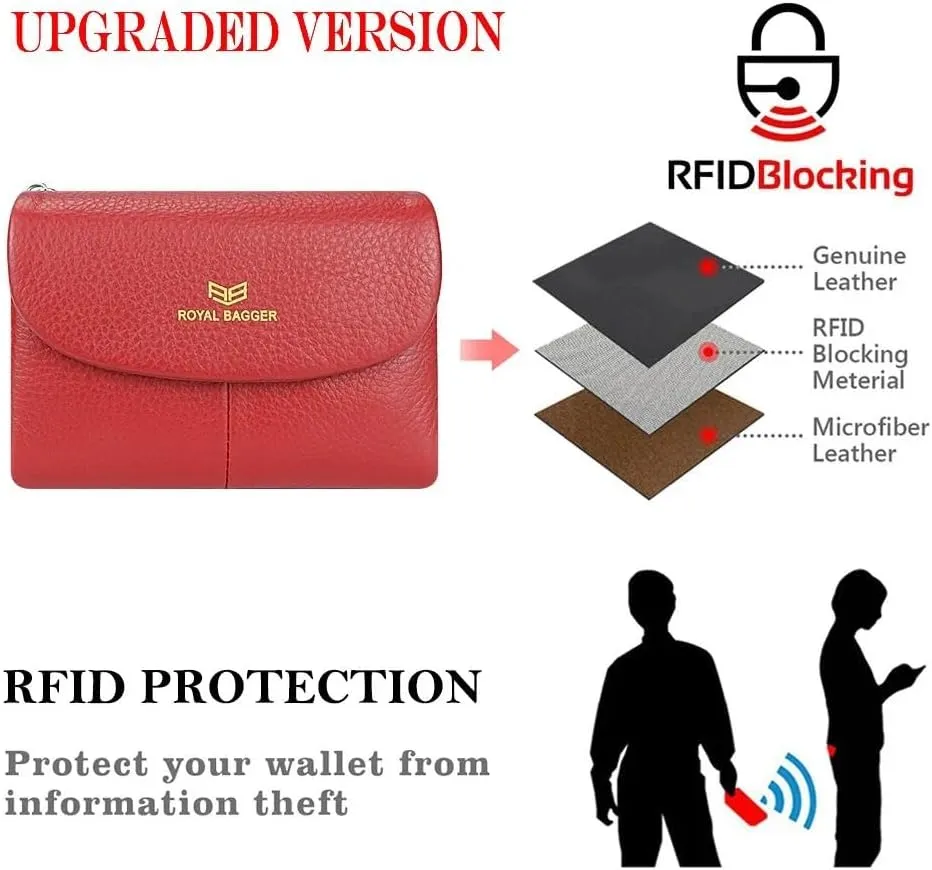 RFID Blocking Women's Short Wallet Genuine Leather Multi-card Slots Card Holder Trifold Purse Magnetic Opening 2063 (Black)
