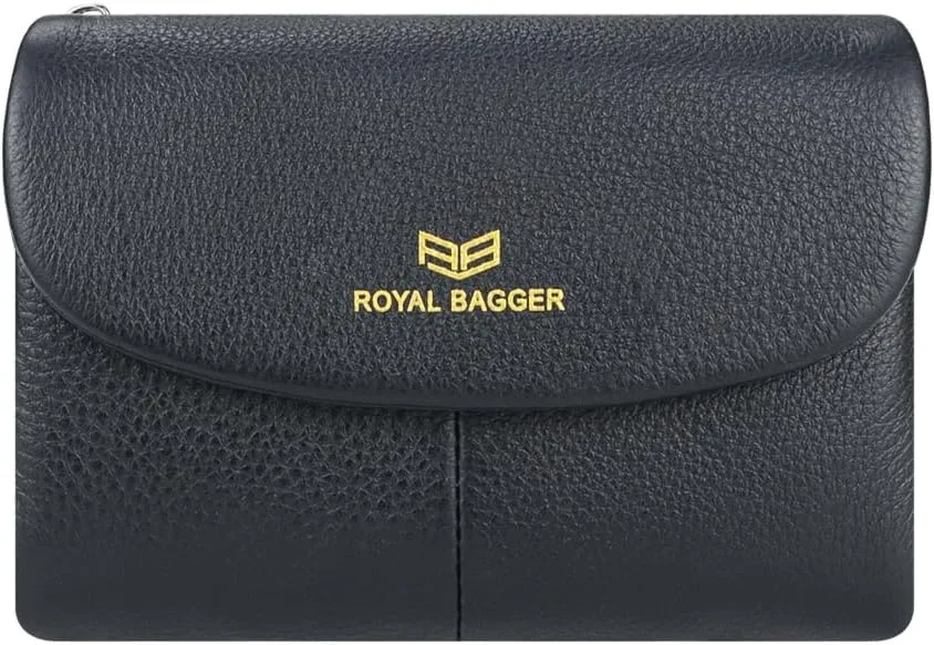RFID Blocking Women's Short Wallet Genuine Leather Multi-card Slots Card Holder Trifold Purse Magnetic Opening 2063 (Black)