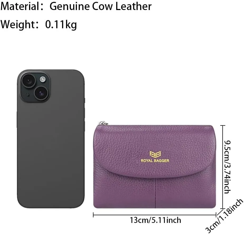 RFID Blocking Women's Short Wallet Genuine Leather Multi-card Slots Card Holder Trifold Purse Magnetic Opening 2063 (Black)