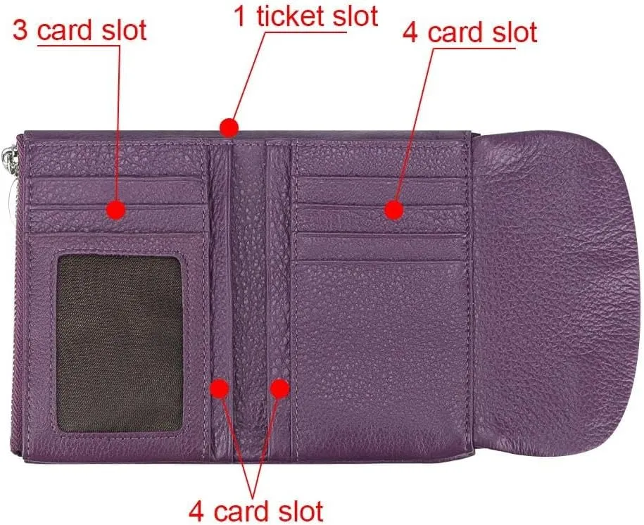 RFID Blocking Women's Short Wallet Genuine Leather Multi-card Slots Card Holder Trifold Purse Magnetic Opening 2063 (Black)