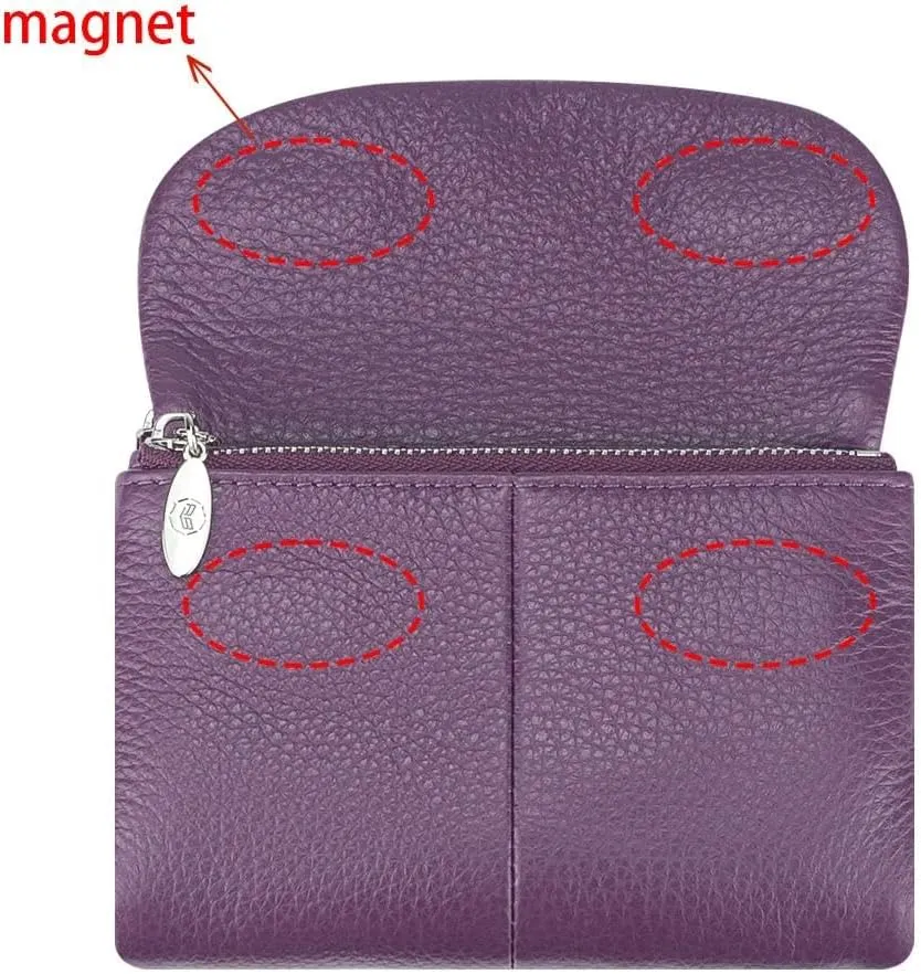 RFID Blocking Women's Short Wallet Genuine Leather Multi-card Slots Card Holder Trifold Purse Magnetic Opening 2063 (Black)