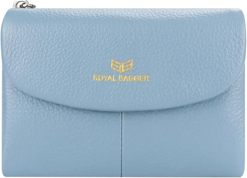 RFID Blocking Women's Short Wallet Genuine Leather Multi-card Slots Card Holder Trifold Purse Magnetic Opening 2063 (Blue)