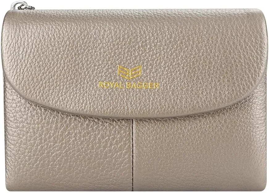 RFID Blocking Women's Short Wallet Genuine Leather Multi-card Slots Card Holder Trifold Purse Magnetic Opening 2063 (Bronze)