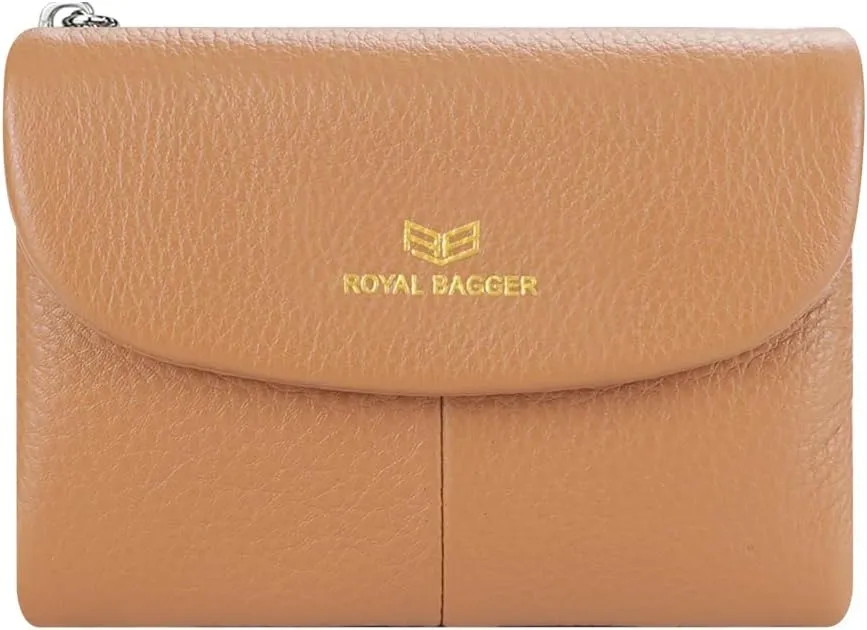 RFID Blocking Women's Short Wallet Genuine Leather Multi-card Slots Card Holder Trifold Purse Magnetic Opening 2063 (Brown)