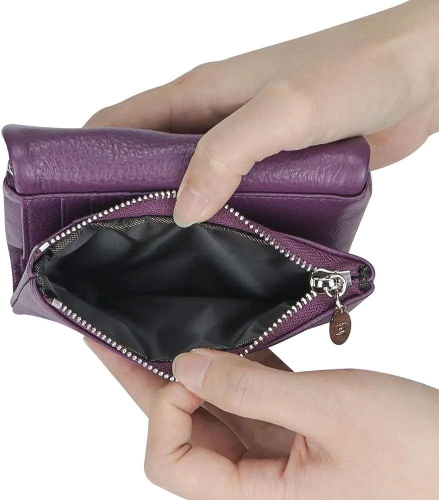 RFID Blocking Women's Short Wallet Genuine Leather Multi-card Slots Card Holder Trifold Purse Magnetic Opening 2063 (Olive Green)
