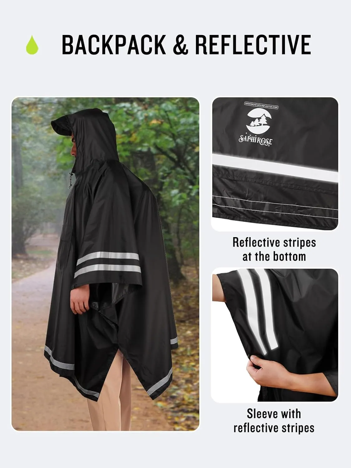 SaphiRose Hooded Rain Poncho Waterproof Raincoat Jacket for Men Women Adults