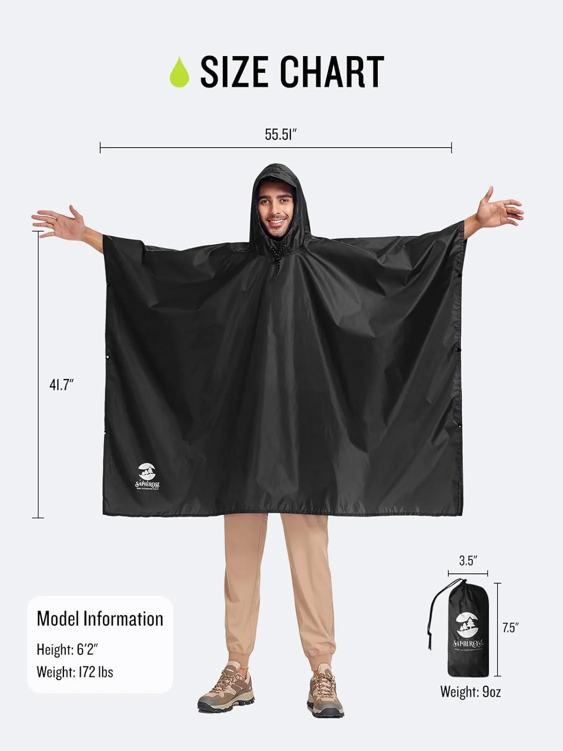 SaphiRose Hooded Rain Poncho Waterproof Raincoat Jacket for Men Women Adults