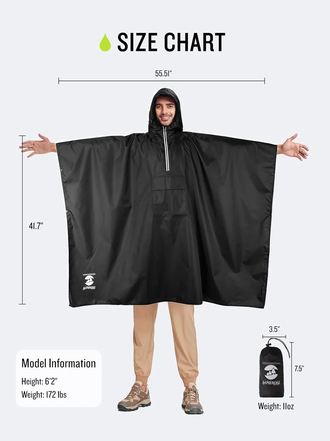 SaphiRose Hooded Rain Poncho Waterproof Raincoat Jacket for Men Women Adults