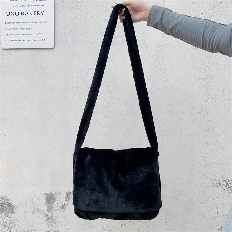 Sohiwoo New Trendy Korean Style Women Large Faux Fur Messenger Bag Lady Furry Tote Soft Plush Y2k Crossbody Bag