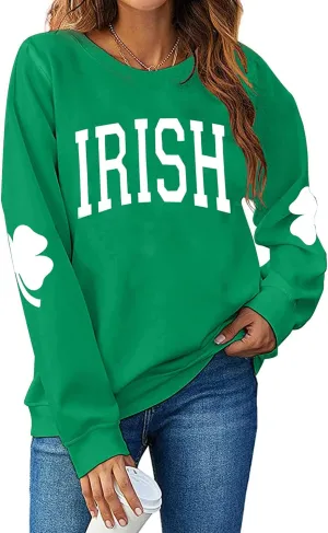 TAOHONG Women St. Patrick's Day Sweatshirts Shamrock Shirt Clover Printed Long Sleeve Irish Gift Casual Loose Fit Tops