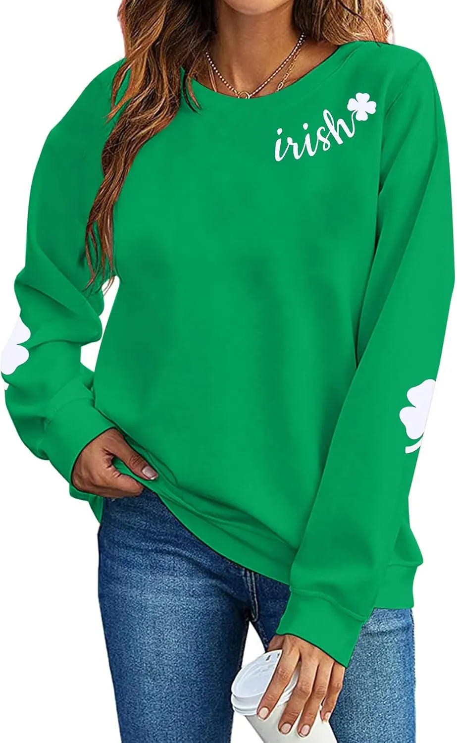 TAOHONG Women St. Patrick's Day Sweatshirts Shamrock Shirt Clover Printed Long Sleeve Irish Gift Casual Loose Fit Tops
