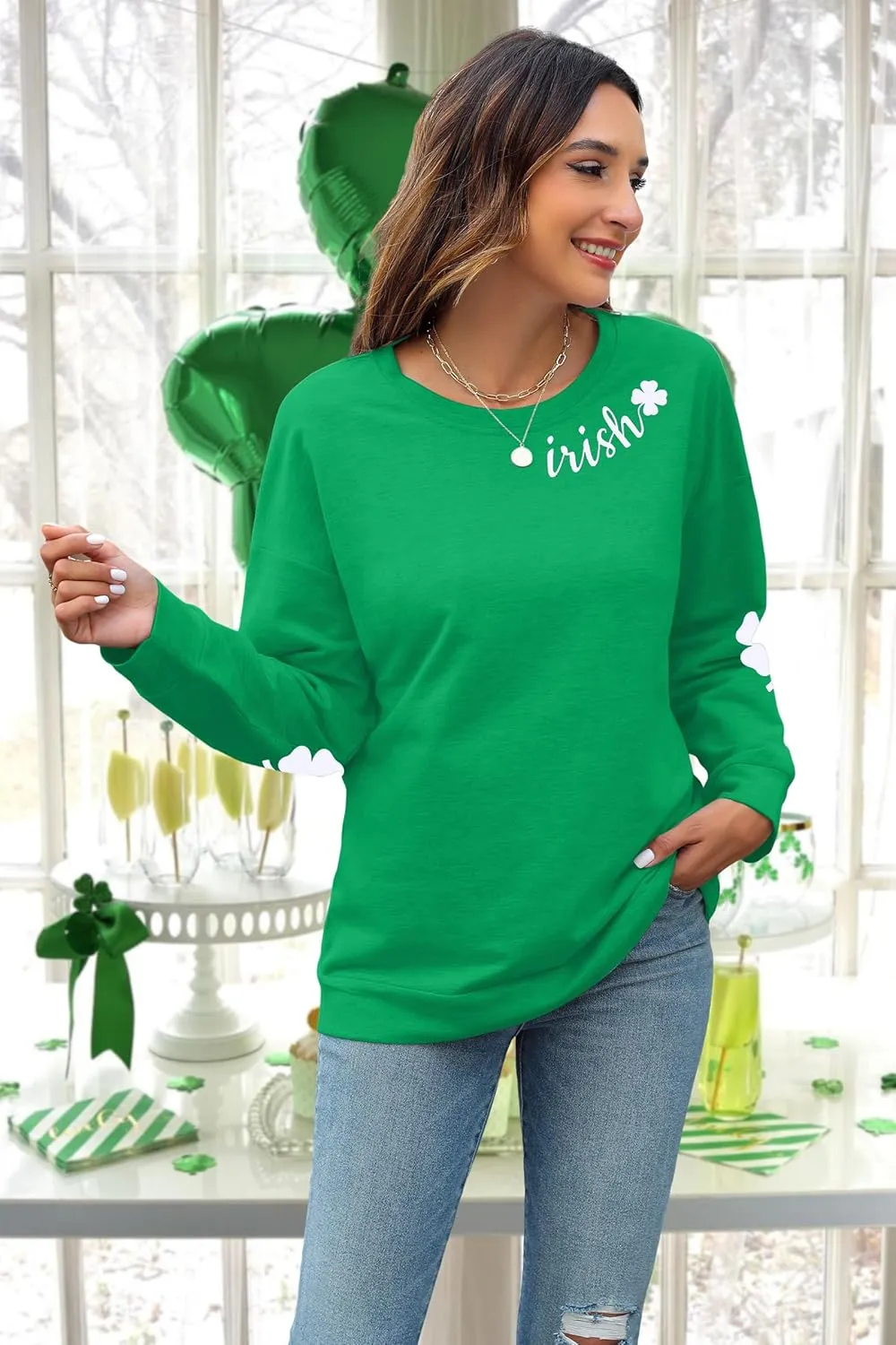 TAOHONG Women St. Patrick's Day Sweatshirts Shamrock Shirt Clover Printed Long Sleeve Irish Gift Casual Loose Fit Tops
