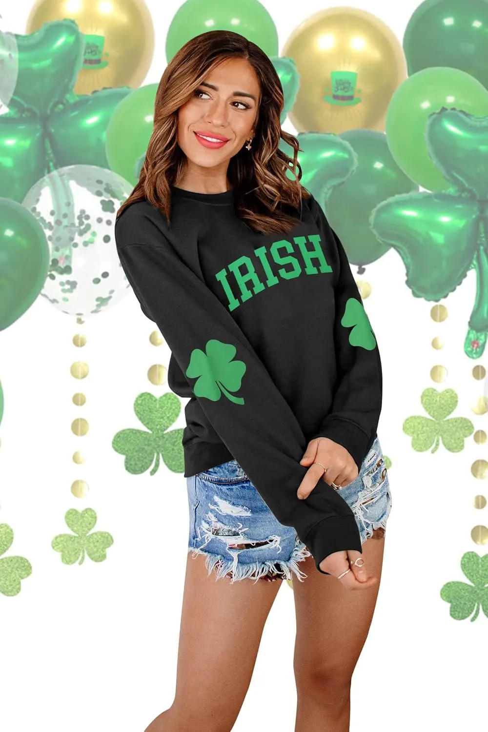 TAOHONG Women St. Patrick's Day Sweatshirts Shamrock Shirt Clover Printed Long Sleeve Irish Gift Casual Loose Fit Tops