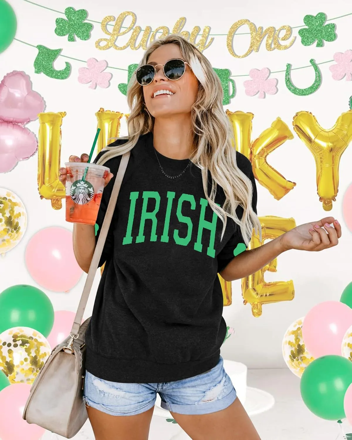 TAOHONG Women St. Patrick's Day Sweatshirts Shamrock Shirt Clover Printed Long Sleeve Irish Gift Casual Loose Fit Tops