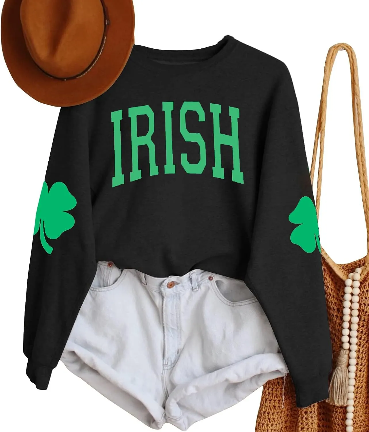 TAOHONG Women St. Patrick's Day Sweatshirts Shamrock Shirt Clover Printed Long Sleeve Irish Gift Casual Loose Fit Tops