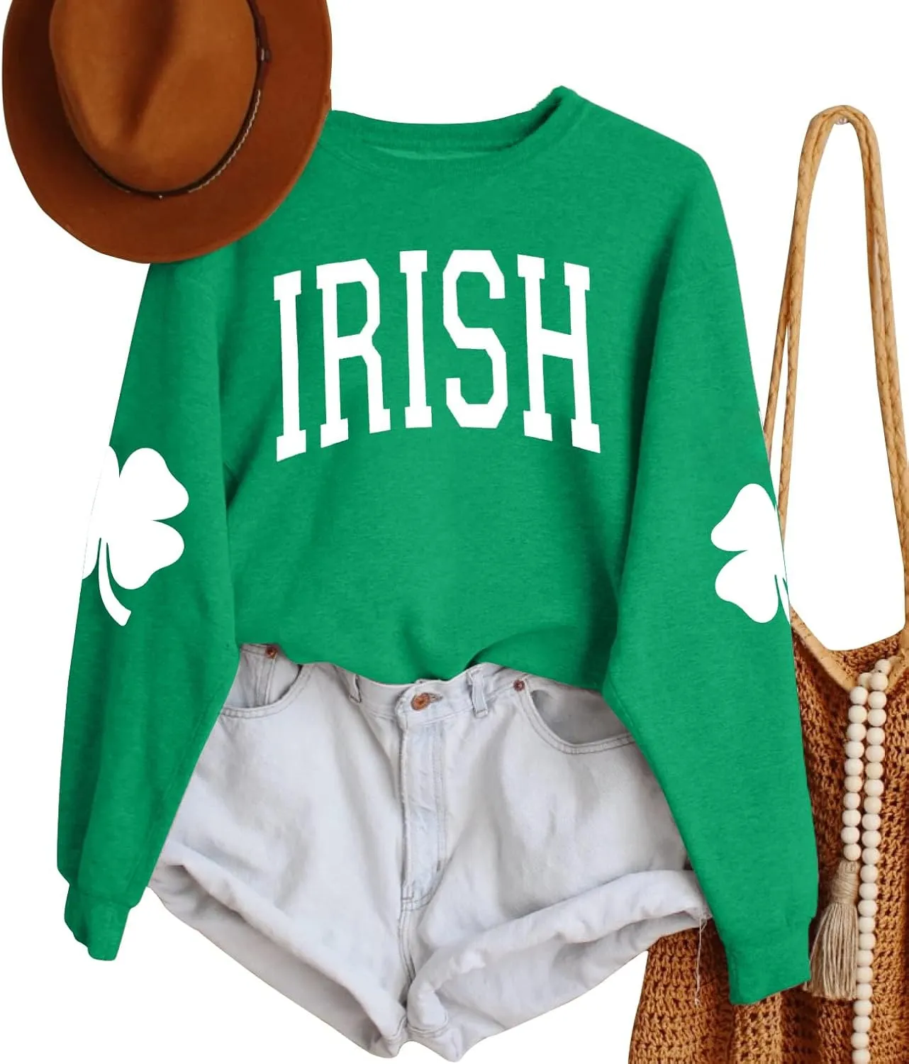 TAOHONG Women St. Patrick's Day Sweatshirts Shamrock Shirt Clover Printed Long Sleeve Irish Gift Casual Loose Fit Tops