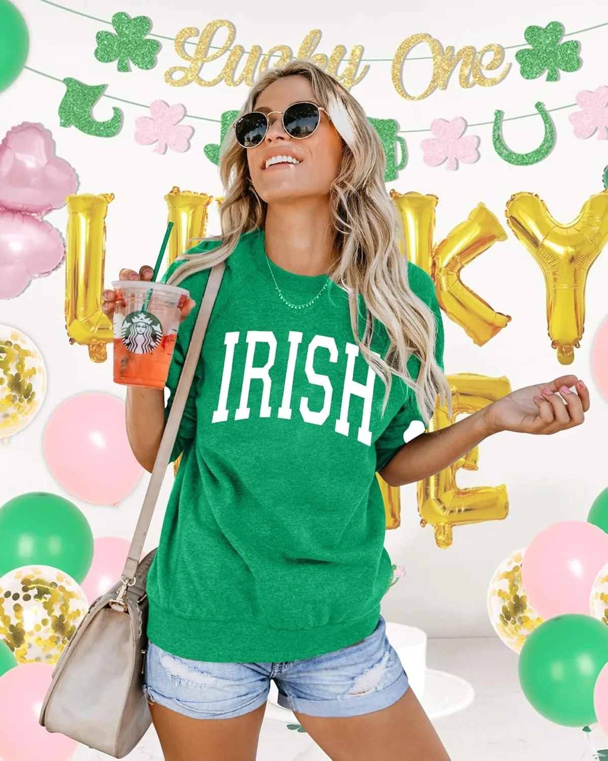 TAOHONG Women St. Patrick's Day Sweatshirts Shamrock Shirt Clover Printed Long Sleeve Irish Gift Casual Loose Fit Tops