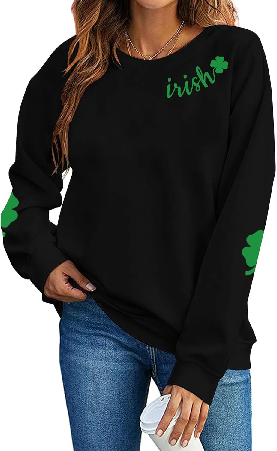 TAOHONG Women St. Patrick's Day Sweatshirts Shamrock Shirt Clover Printed Long Sleeve Irish Gift Casual Loose Fit Tops