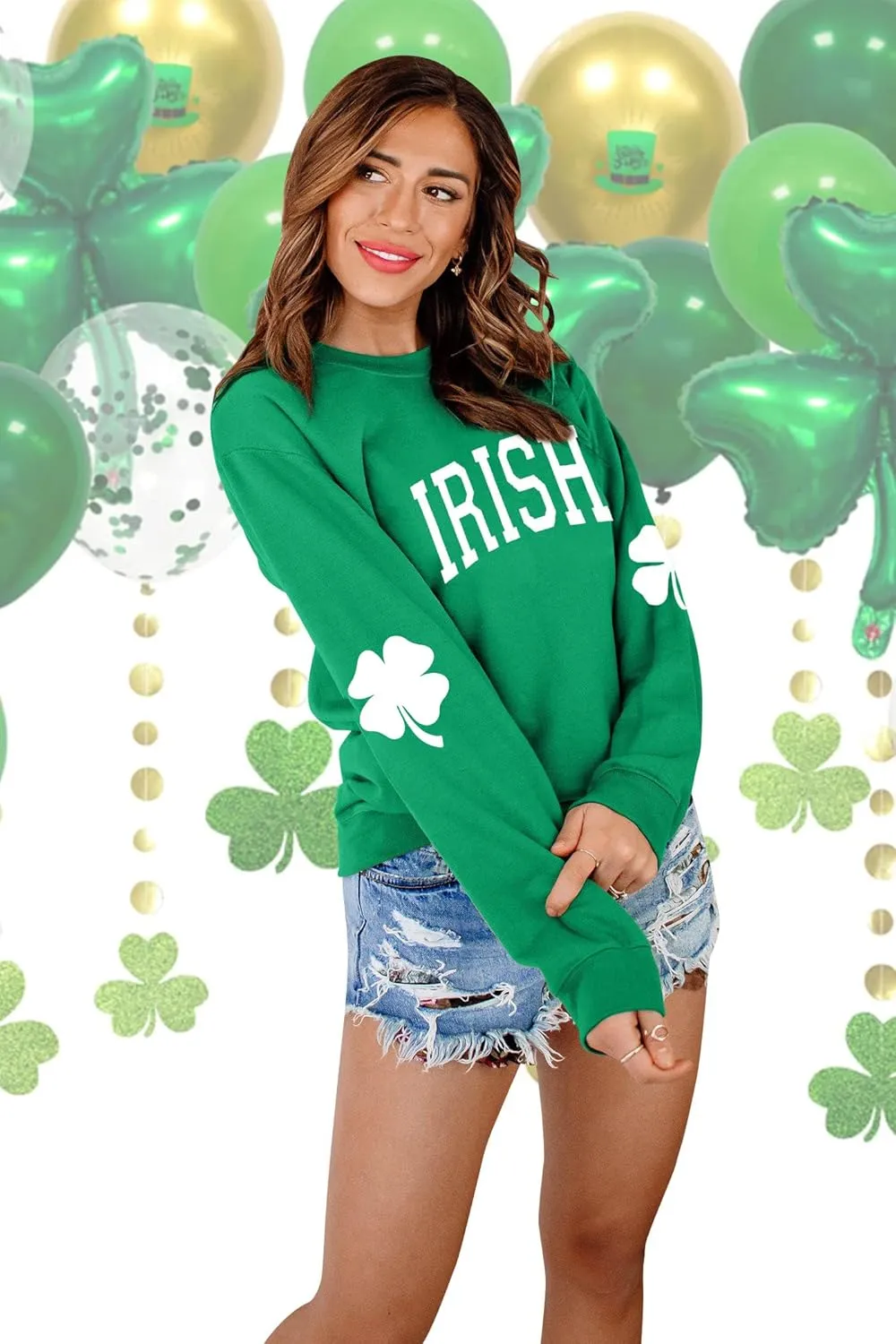 TAOHONG Women St. Patrick's Day Sweatshirts Shamrock Shirt Clover Printed Long Sleeve Irish Gift Casual Loose Fit Tops