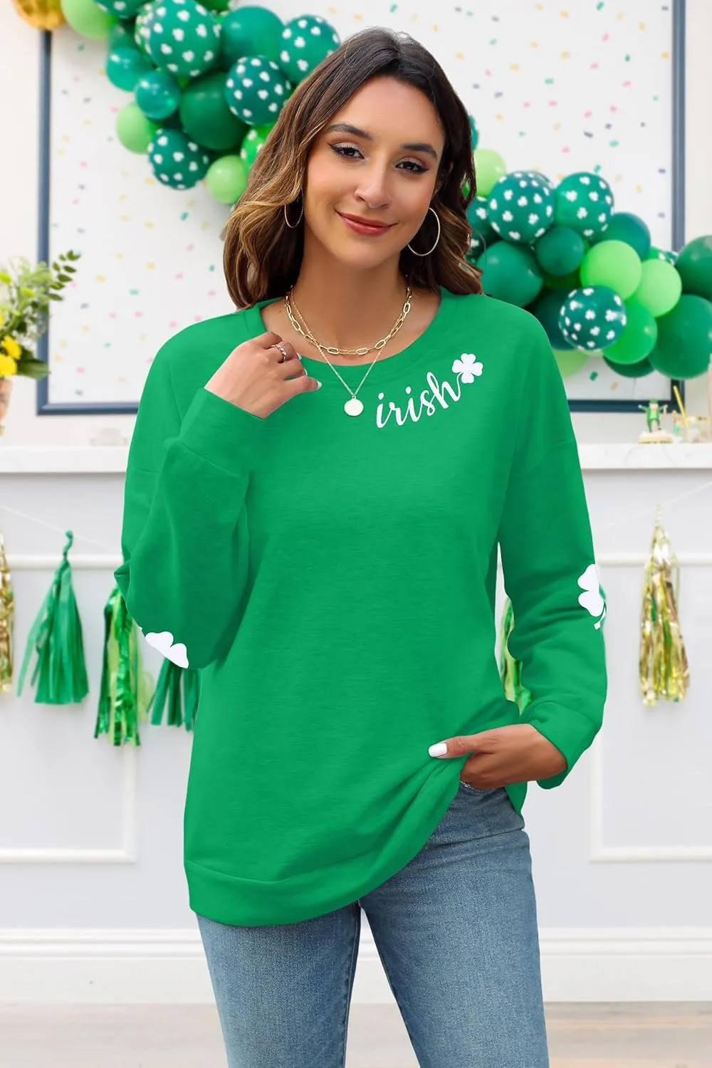 TAOHONG Women St. Patrick's Day Sweatshirts Shamrock Shirt Clover Printed Long Sleeve Irish Gift Casual Loose Fit Tops