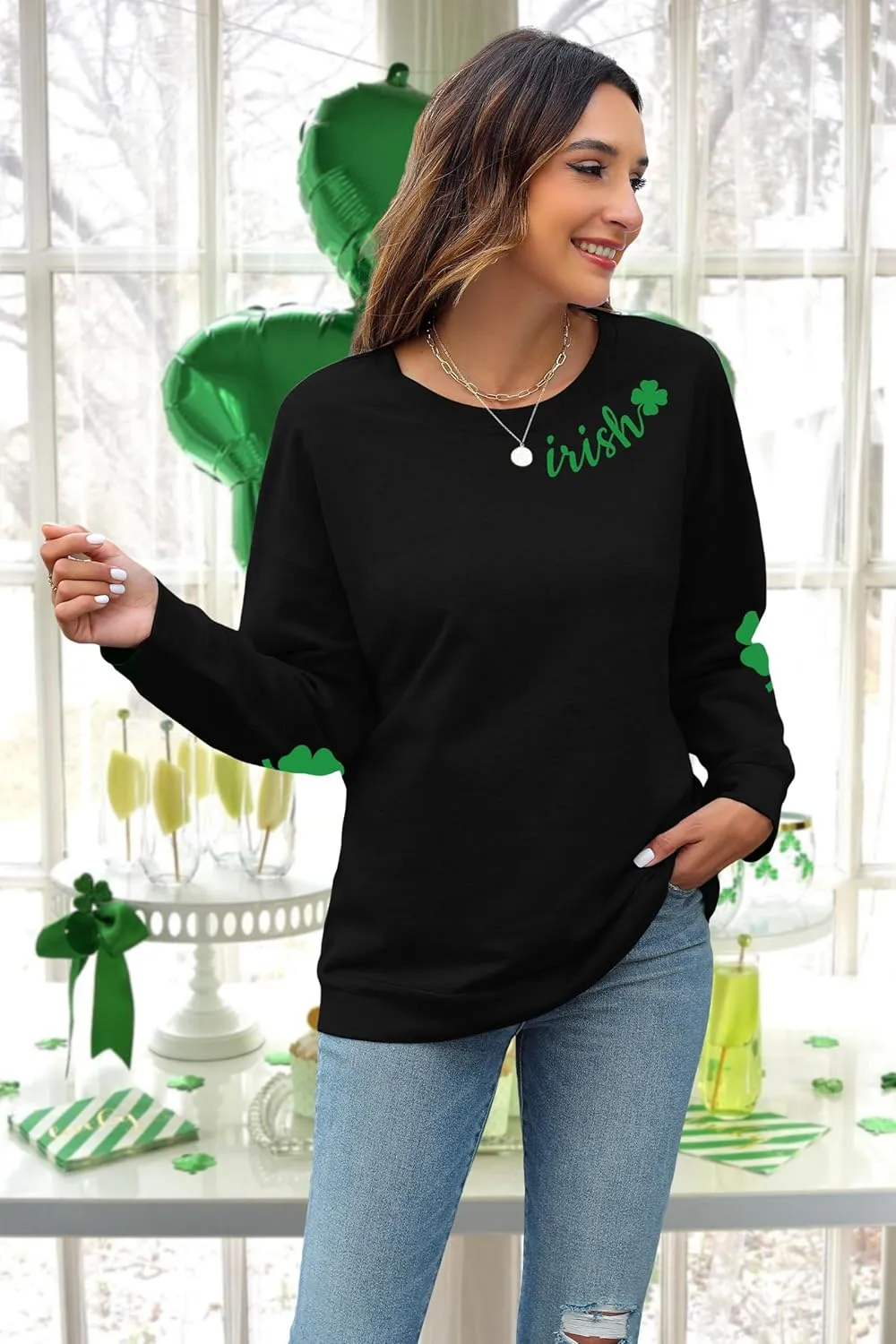 TAOHONG Women St. Patrick's Day Sweatshirts Shamrock Shirt Clover Printed Long Sleeve Irish Gift Casual Loose Fit Tops