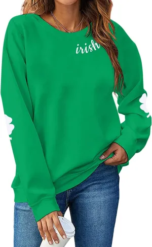 TAOHONG Women St. Patrick's Day Sweatshirts Shamrock Shirt Clover Printed Long Sleeve Irish Gift Casual Loose Fit Tops