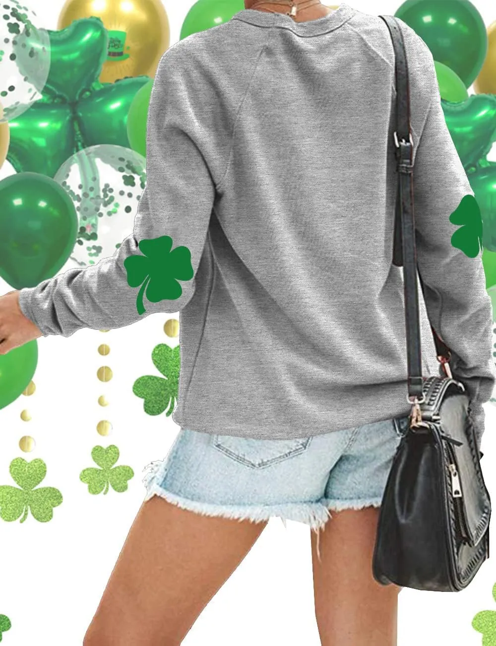 TAOHONG Women St. Patrick's Day Sweatshirts Shamrock Shirt Clover Printed Long Sleeve Irish Gift Casual Loose Fit Tops