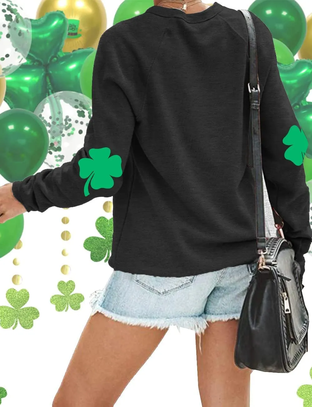 TAOHONG Women St. Patrick's Day Sweatshirts Shamrock Shirt Clover Printed Long Sleeve Irish Gift Casual Loose Fit Tops