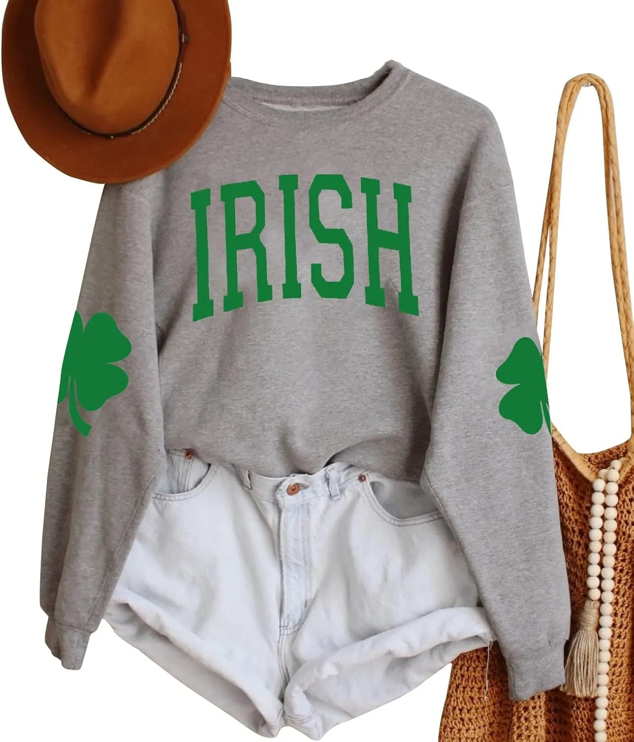 TAOHONG Women St. Patrick's Day Sweatshirts Shamrock Shirt Clover Printed Long Sleeve Irish Gift Casual Loose Fit Tops