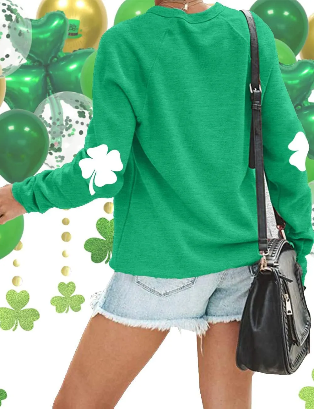 TAOHONG Women St. Patrick's Day Sweatshirts Shamrock Shirt Clover Printed Long Sleeve Irish Gift Casual Loose Fit Tops