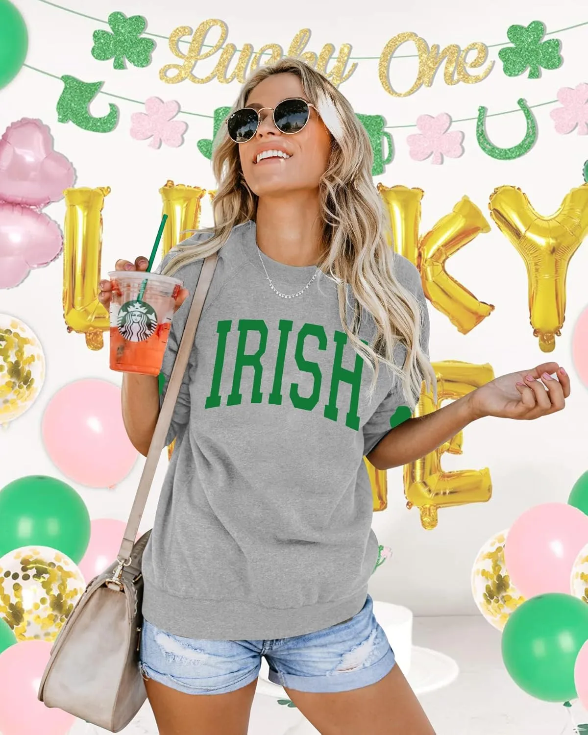 TAOHONG Women St. Patrick's Day Sweatshirts Shamrock Shirt Clover Printed Long Sleeve Irish Gift Casual Loose Fit Tops