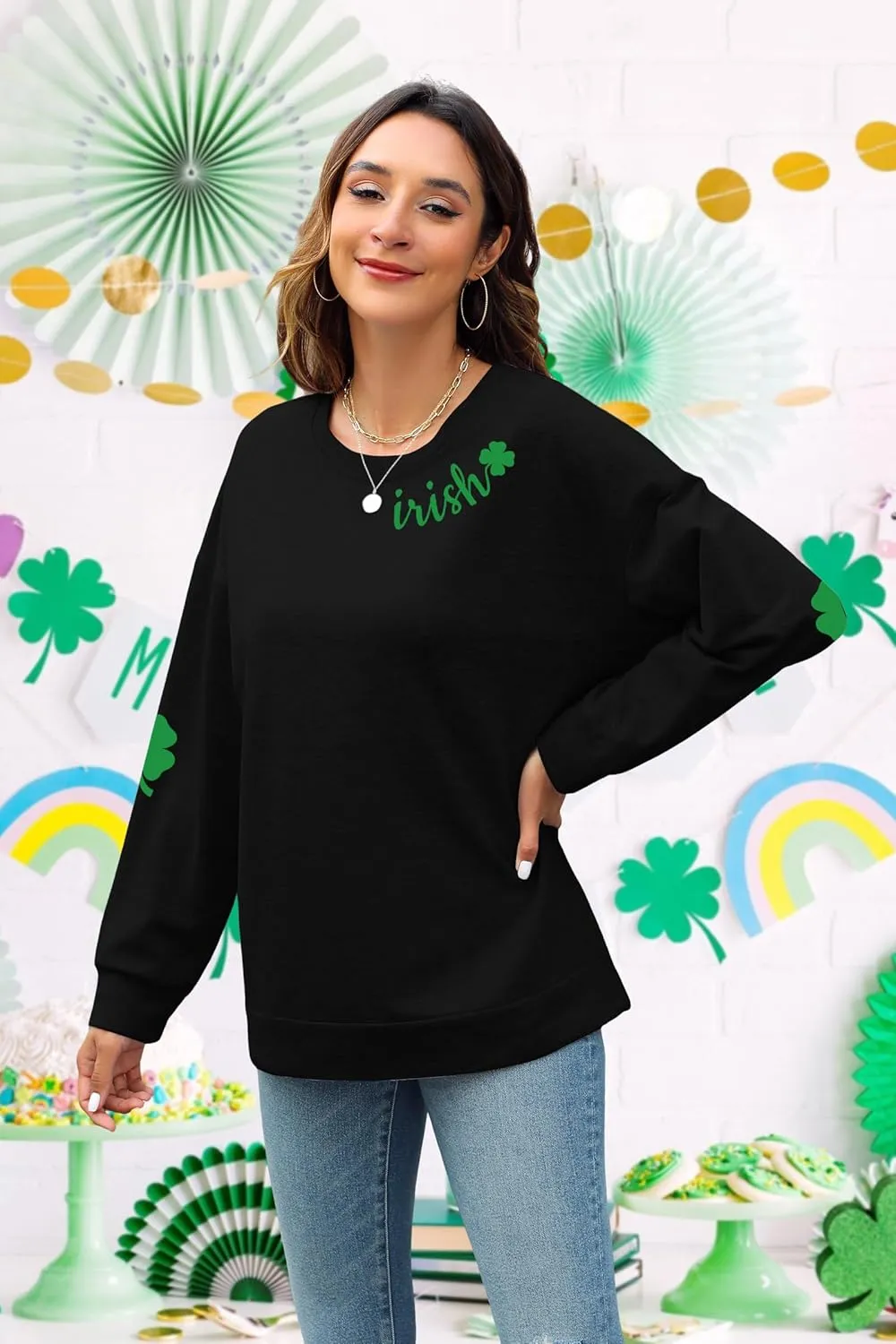 TAOHONG Women St. Patrick's Day Sweatshirts Shamrock Shirt Clover Printed Long Sleeve Irish Gift Casual Loose Fit Tops