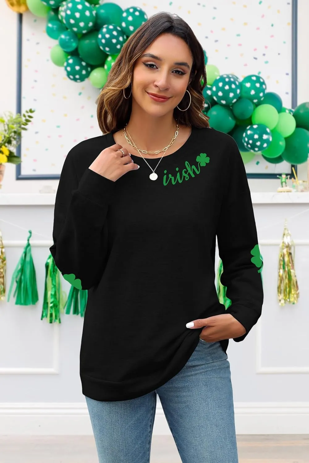 TAOHONG Women St. Patrick's Day Sweatshirts Shamrock Shirt Clover Printed Long Sleeve Irish Gift Casual Loose Fit Tops