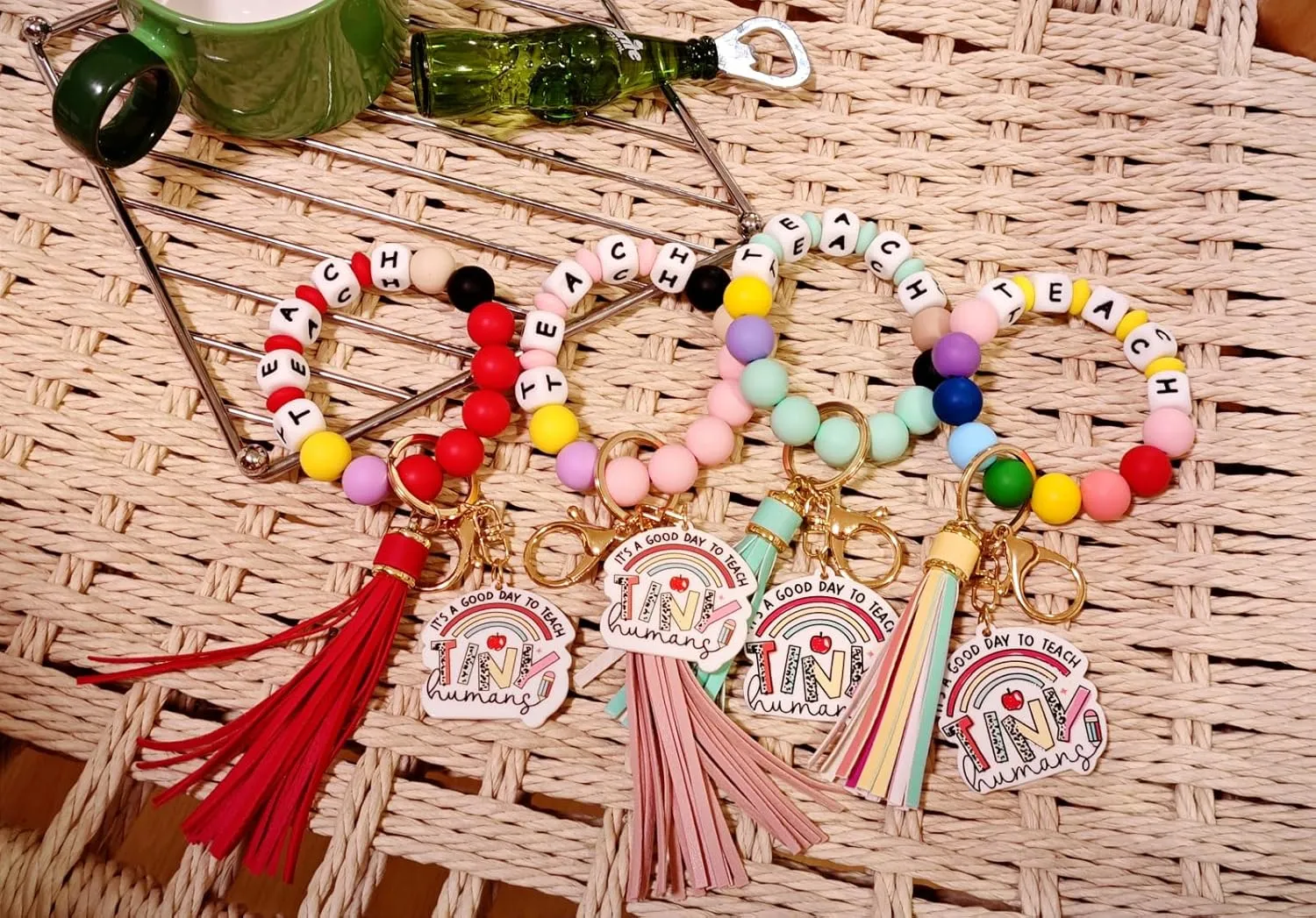 Teacher Appreciation Gifts Silicone Bracelet Keychain Handmade Keyring Wristlet with Leather Tassel Wallet Women