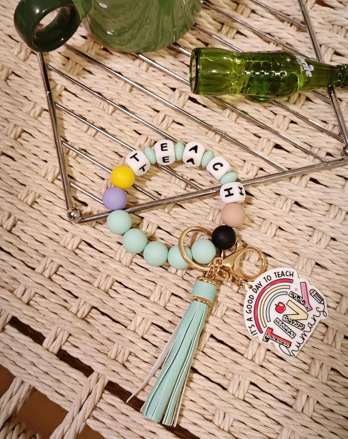 Teacher Appreciation Gifts Silicone Bracelet Keychain Handmade Keyring Wristlet with Leather Tassel Wallet Women