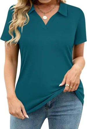TIYOMI Plus Size Collared Polo Shirts Summer Short Sleeve V Neck Business Tops for Women XL-5XL