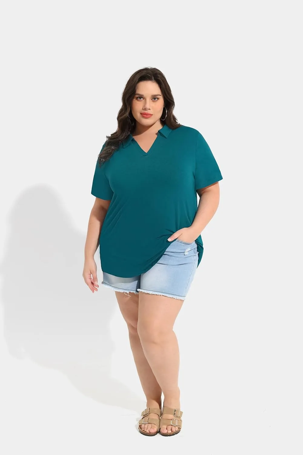 TIYOMI Plus Size Collared Polo Shirts Summer Short Sleeve V Neck Business Tops for Women XL-5XL