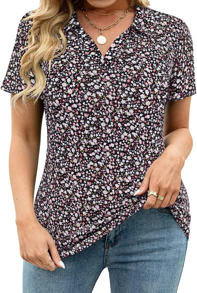 TIYOMI Plus Size Collared Polo Shirts Summer Short Sleeve V Neck Business Tops for Women XL-5XL