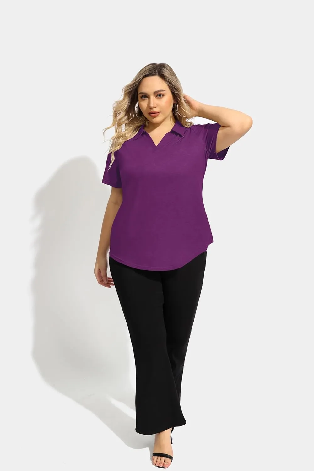 TIYOMI Plus Size Collared Polo Shirts Summer Short Sleeve V Neck Business Tops for Women XL-5XL
