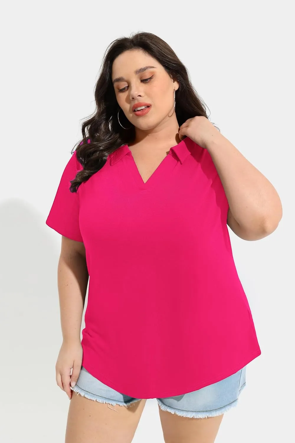 TIYOMI Plus Size Collared Polo Shirts Summer Short Sleeve V Neck Business Tops for Women XL-5XL