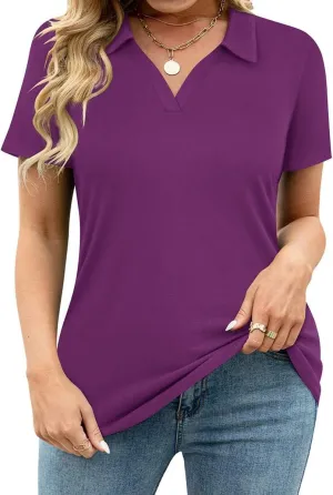 TIYOMI Plus Size Collared Polo Shirts Summer Short Sleeve V Neck Business Tops for Women XL-5XL