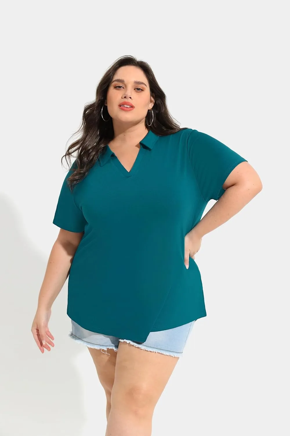 TIYOMI Plus Size Collared Polo Shirts Summer Short Sleeve V Neck Business Tops for Women XL-5XL
