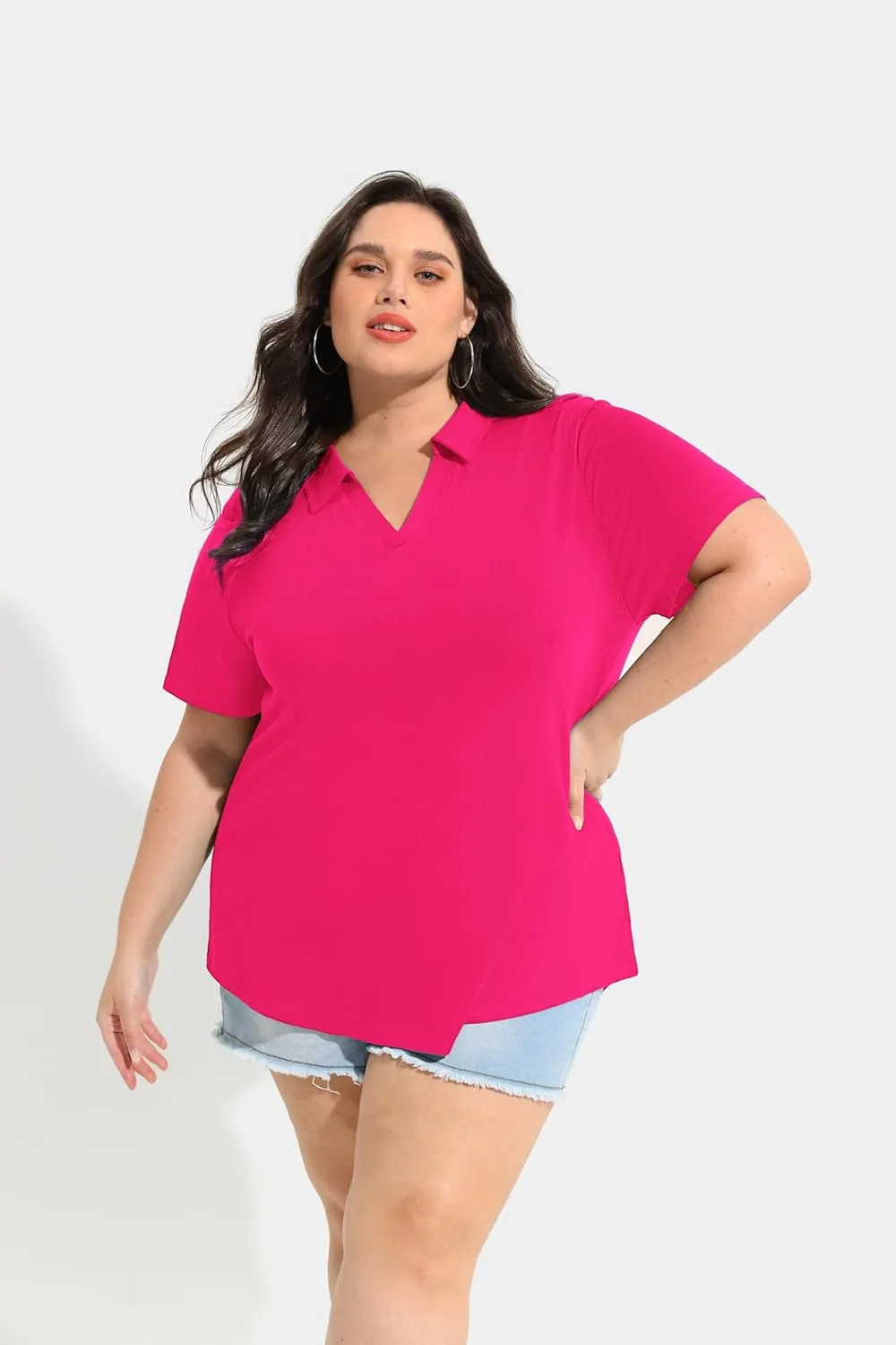 TIYOMI Plus Size Collared Polo Shirts Summer Short Sleeve V Neck Business Tops for Women XL-5XL