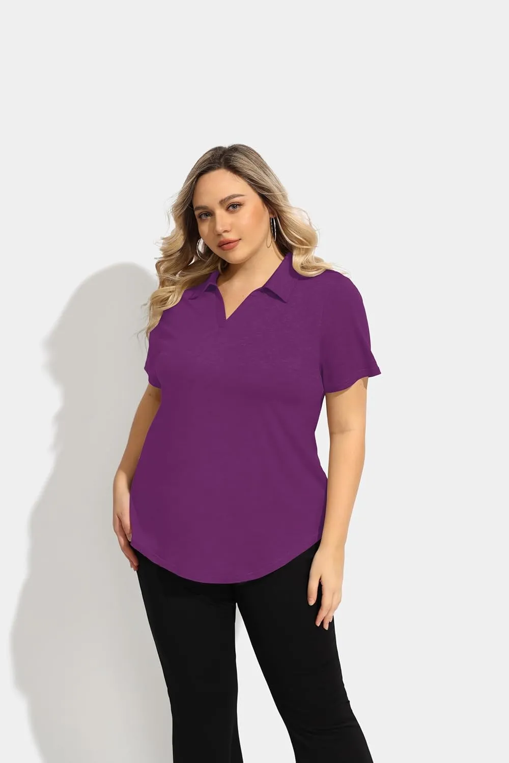 TIYOMI Plus Size Collared Polo Shirts Summer Short Sleeve V Neck Business Tops for Women XL-5XL